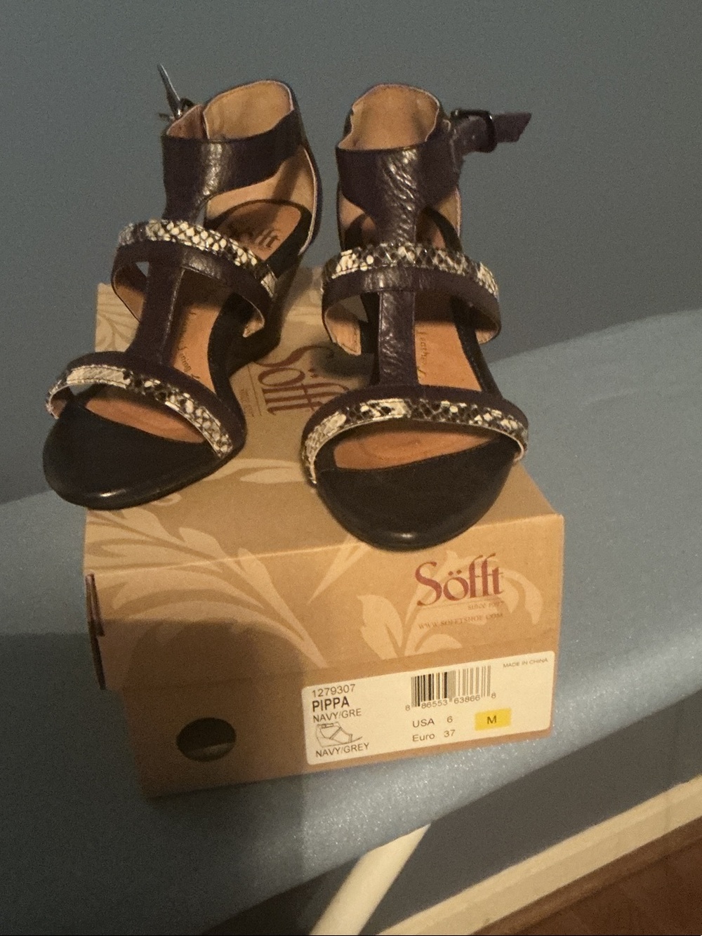 Sofft Navy and Grey Strappy Heeled Sandal with Snakeskin Accent